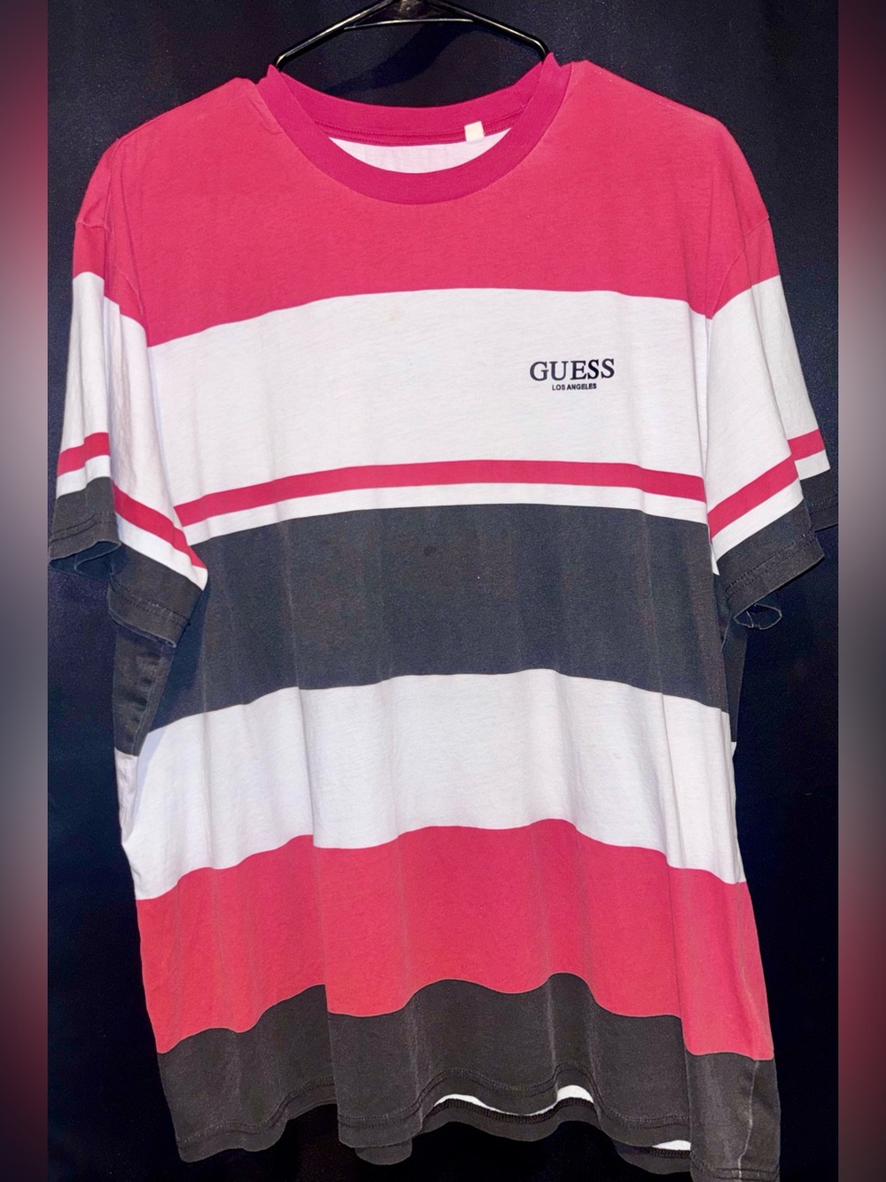 GUESS Men's Pink White Black Horizontal Stripe Crew Tee